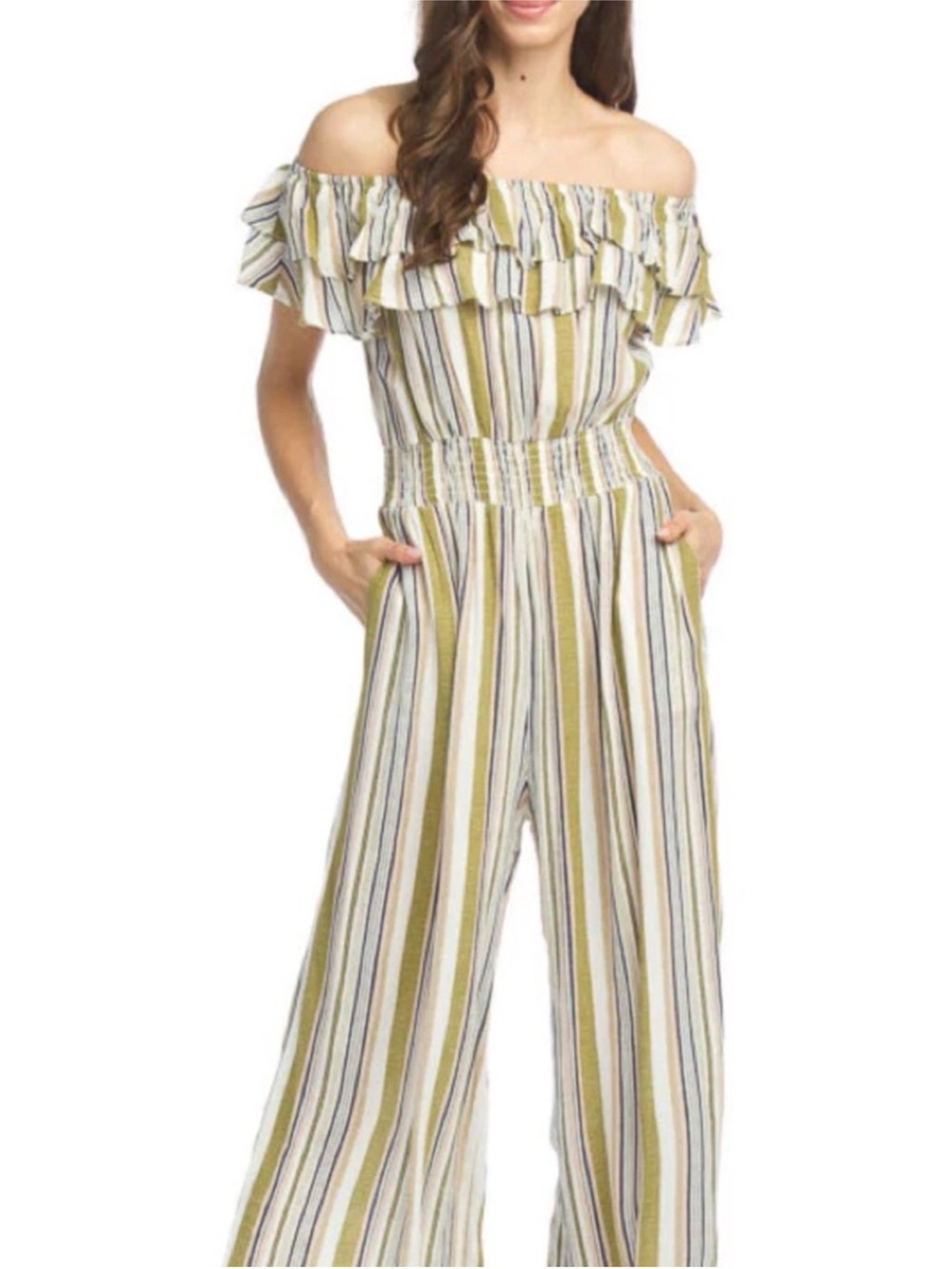Papillons Off-Shoulder Striped Wide-Leg Jumpsuit in Olive Stripe - Size Medium